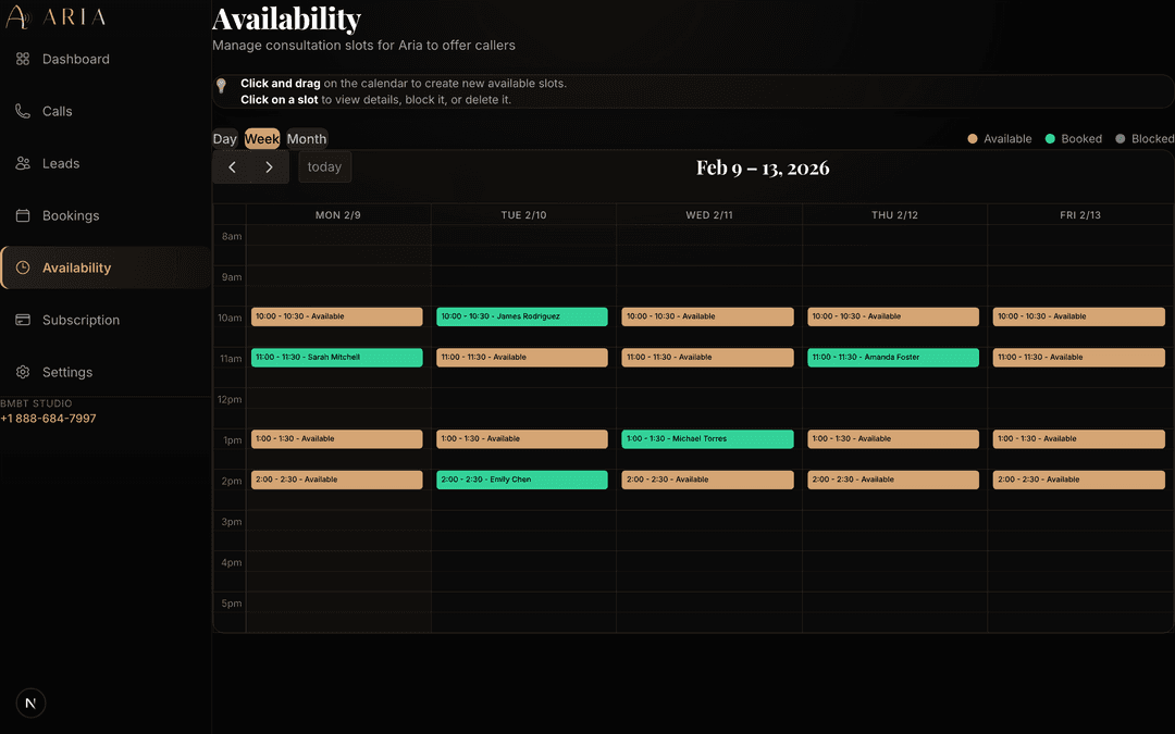 Aria Dashboard - Availability Calendar