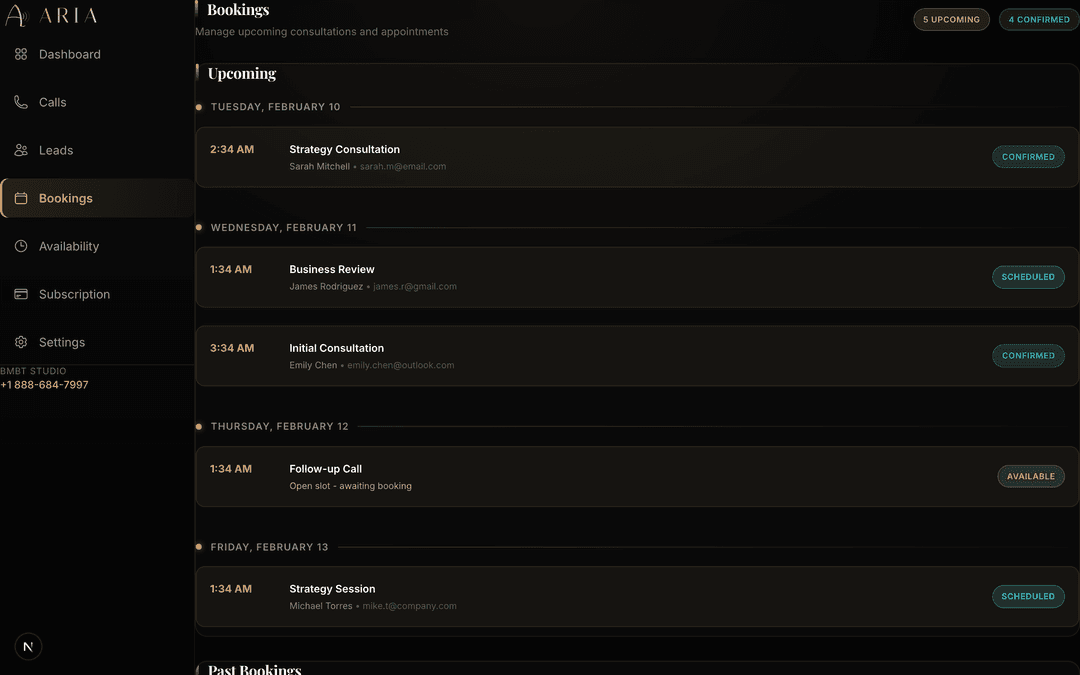 Aria Dashboard - Bookings