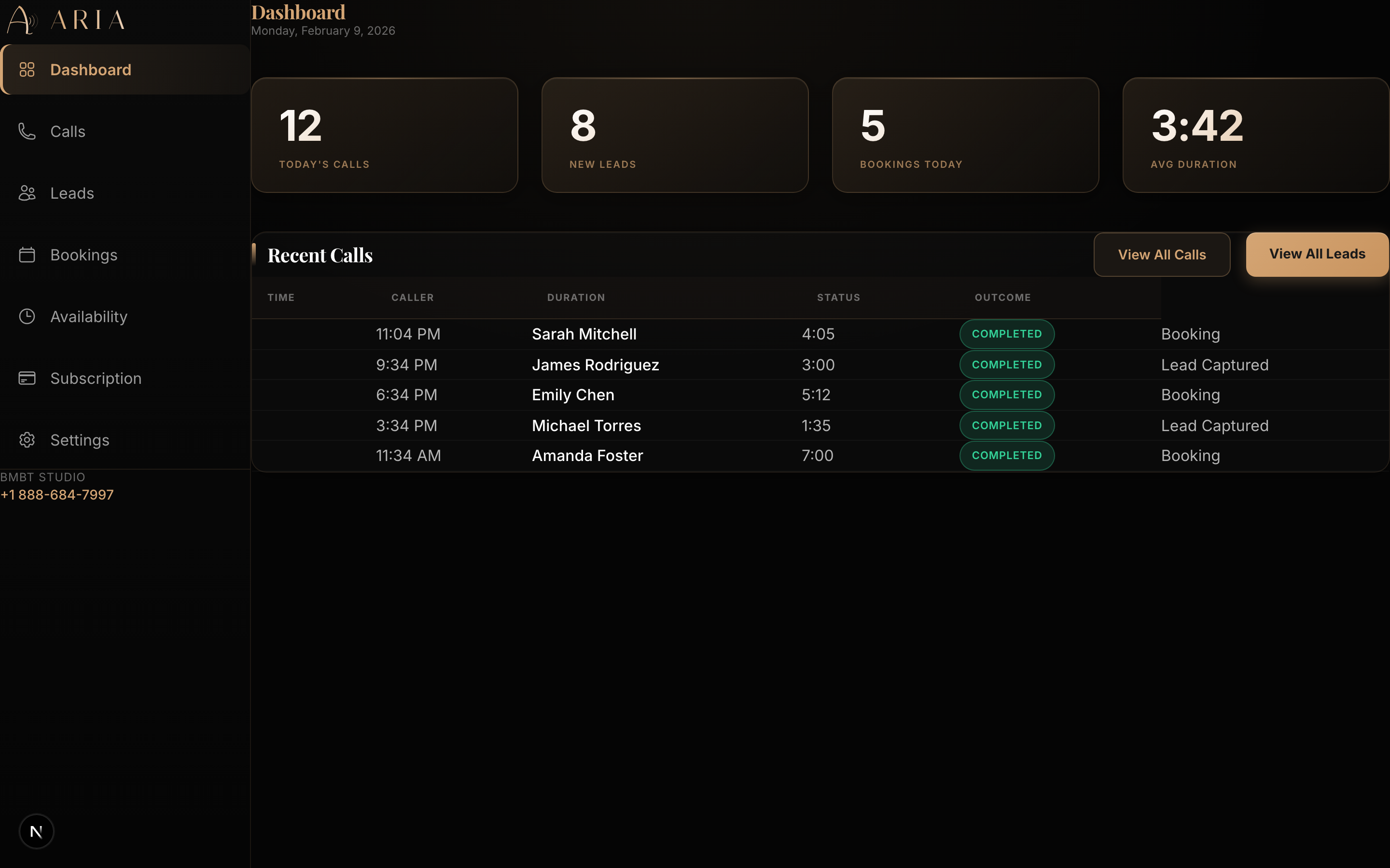 Aria Dashboard Overview